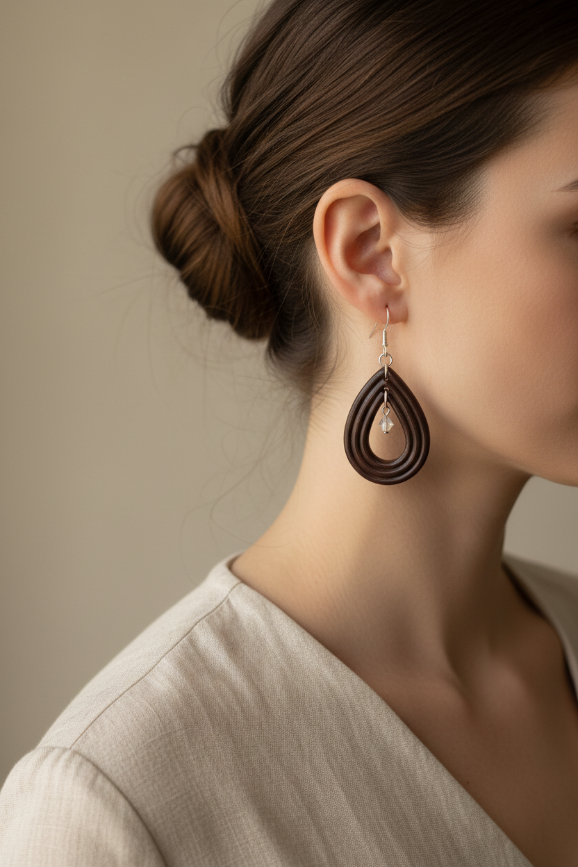 Side profile of model wearing Crafty Larder Raindrop Crystal Earrings in Hot Chocolate — handmade polymer clay open teardrop hoop earrings with crystal bead in deep dark chocolate brown, hair up showing full earring