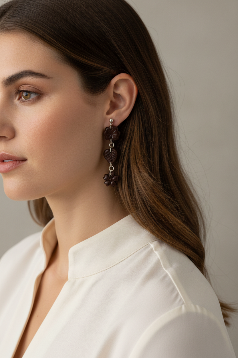 Model wearing Crafty Larder Botanical Trio Earrings in Hot Chocolate — handmade polymer clay three-tier botanical drop earrings in deep dark chocolate brown showing full length against neck and collarbone