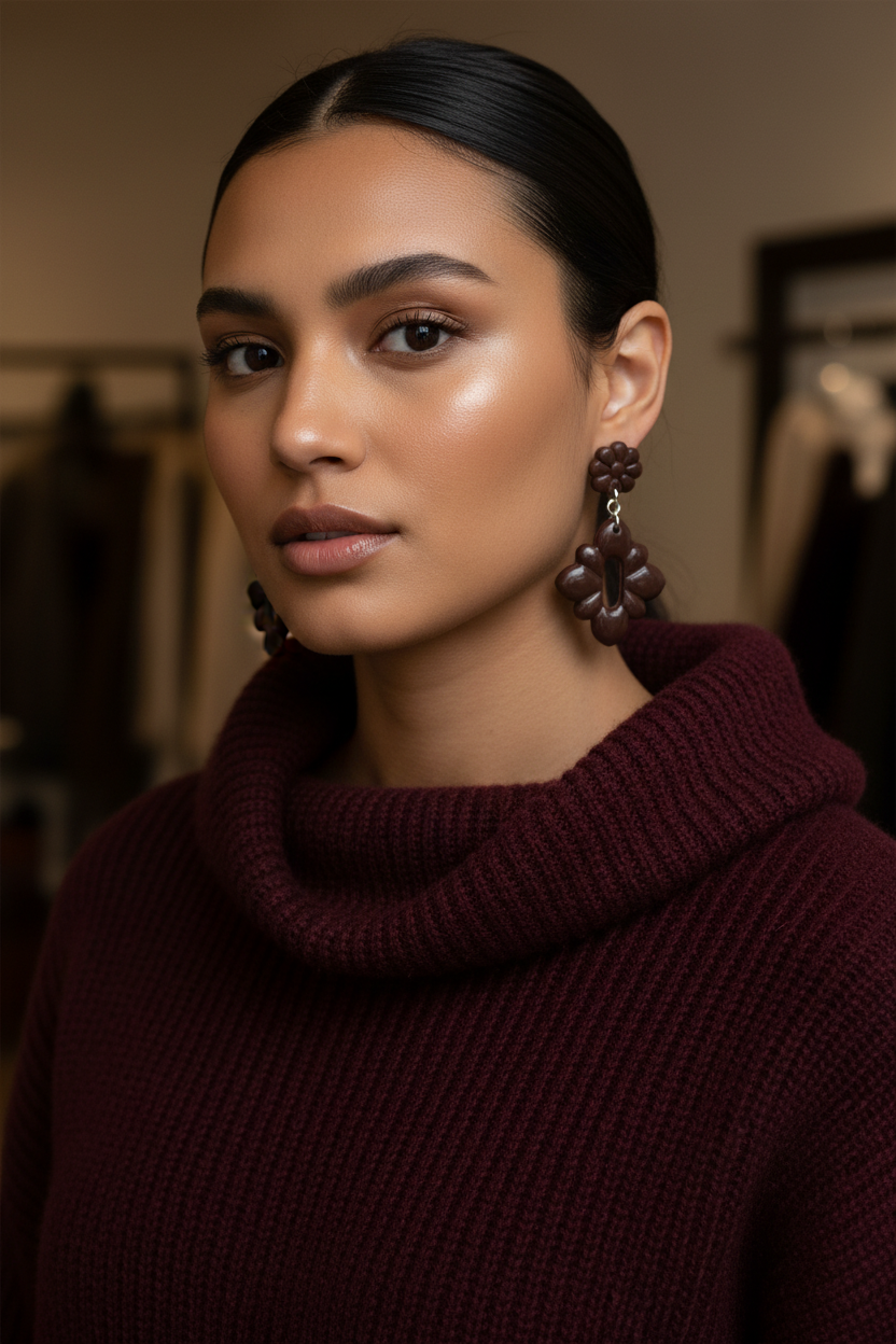 Model wearing Crafty Larder Gerbera Drop Earrings in Hot Chocolate — handmade polymer clay dangle earrings in deep dark chocolate brown, styled with a rich dark autumn winter outfit