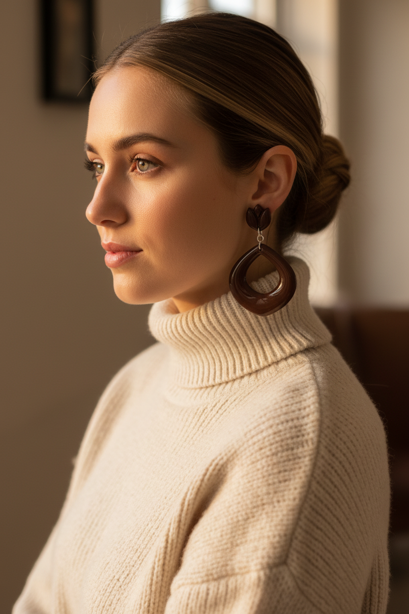 Model wearing Crafty Larder Tulip Loop Earrings in Hot Chocolate — handmade polymer clay dangle earrings in deep dark warm brown, styled with a cosy cream chunky knit