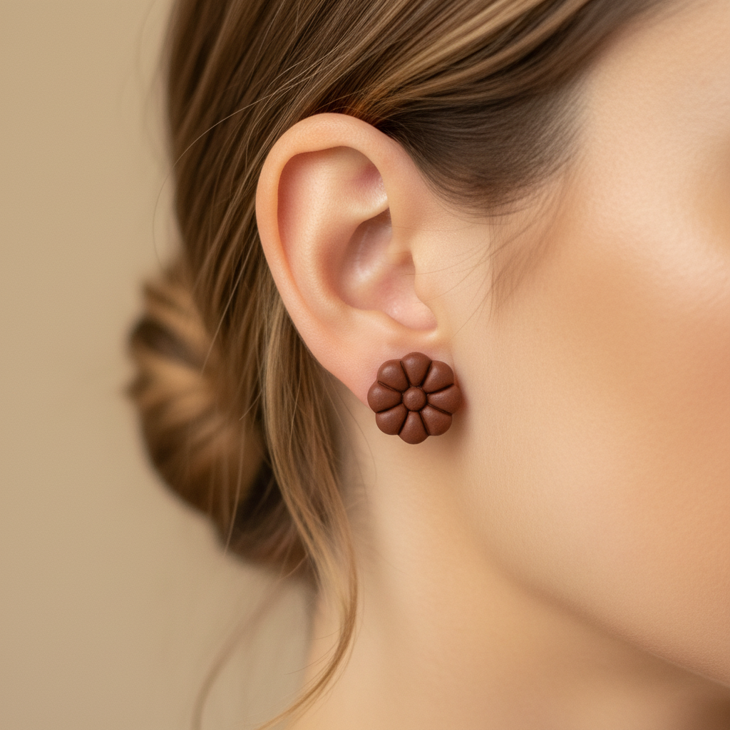 Woman wearing Dahlia Studs in Hot Chocolate, rich dark chocolate brown polymer clay 8-petal dahlia flower studs, handcrafted in New Zealand by Crafty Larder