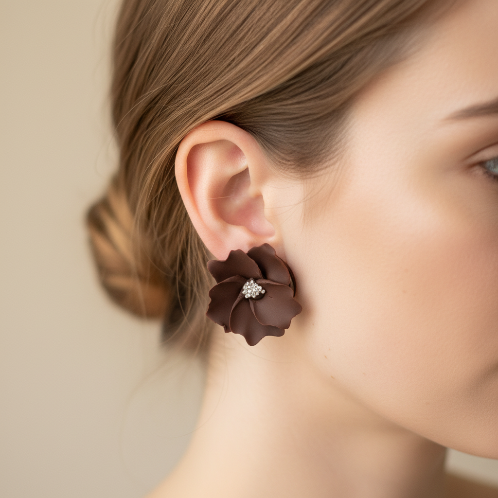 Woman wearing Bloom Studs in Hot Chocolate, rich chocolate brown large polymer clay floral studs with silver crystal centre, handcrafted in New Zealand by Crafty Larder