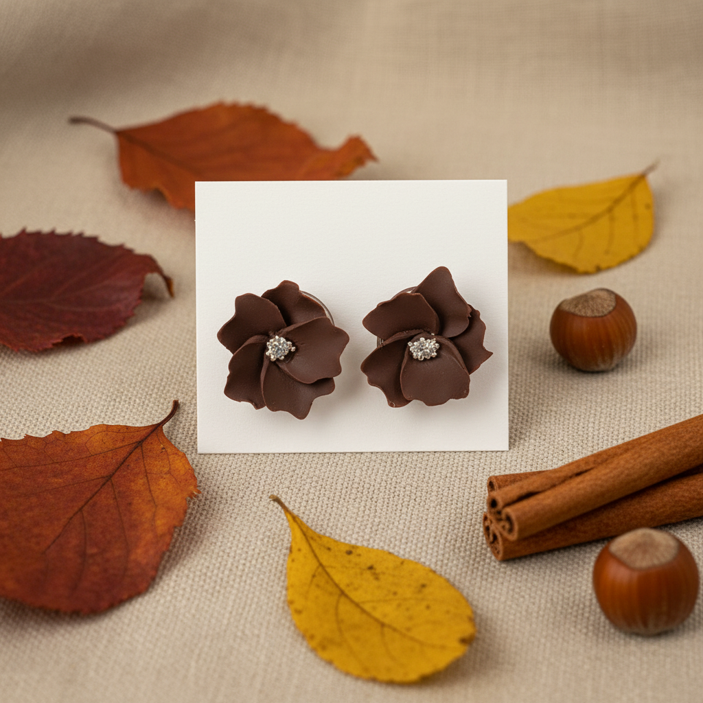 Bloom Studs in Hot Chocolate — handmade polymer clay floral stud earrings with silver crystal stamen, displayed on white card with warm autumn botanical styling, handcrafted in New Zealand