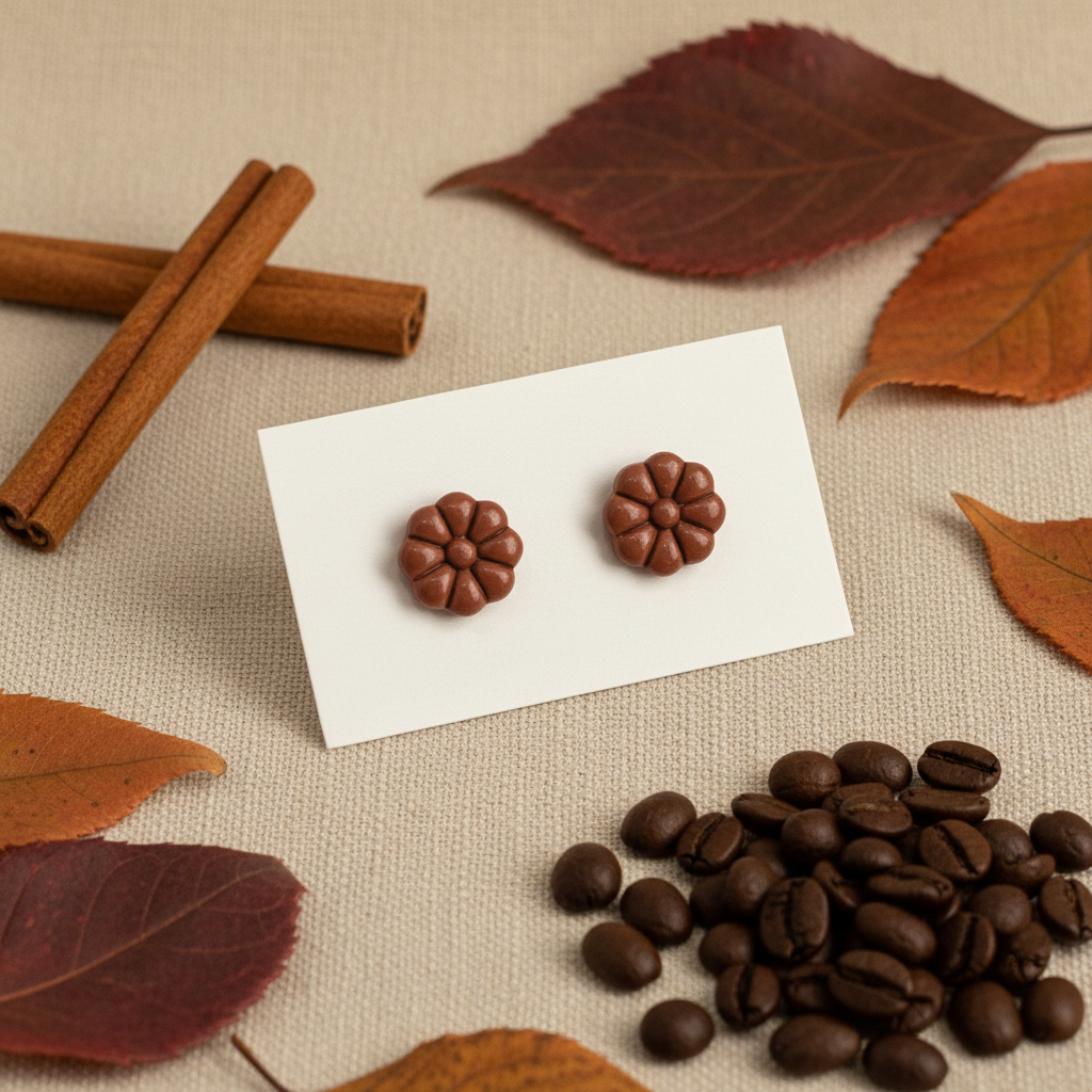 Dahlia Studs in Hot Chocolate — handmade polymer clay 8-petal dahlia flower stud earrings, displayed on white card with warm autumn botanical styling, handcrafted in New Zealand by Crafty Larder