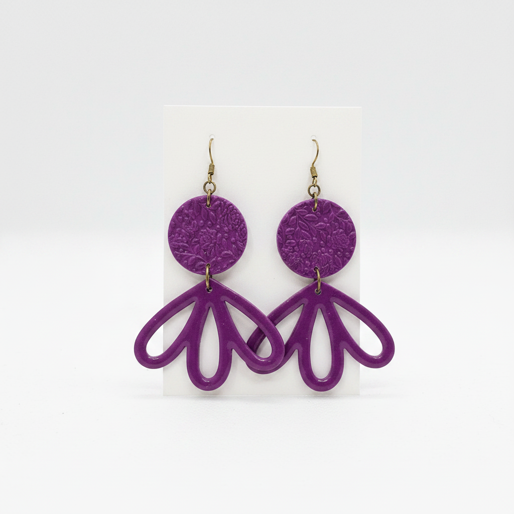 Large handmade purple polymer clay fan petal drop earrings with brass hook findings on plain white card, by Crafty Larder NZ