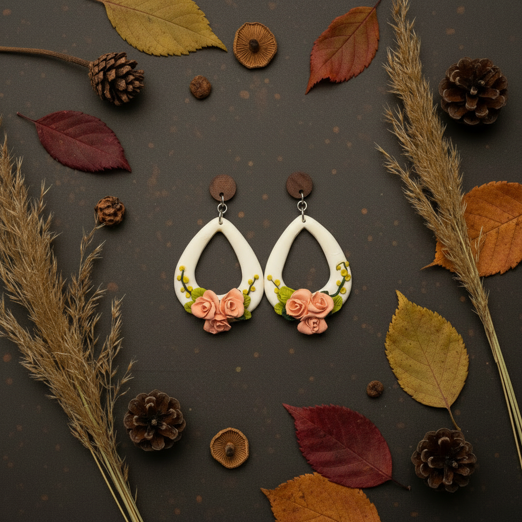 Handcrafted polymer clay white teardrop open hoop earrings with peach roses, yellow wattle sprigs and green leaves, displayed on a dark surface with pine cones, autumn leaves and pampas grass — Brandied Wattle Rose by Crafty Larder, New Zealand