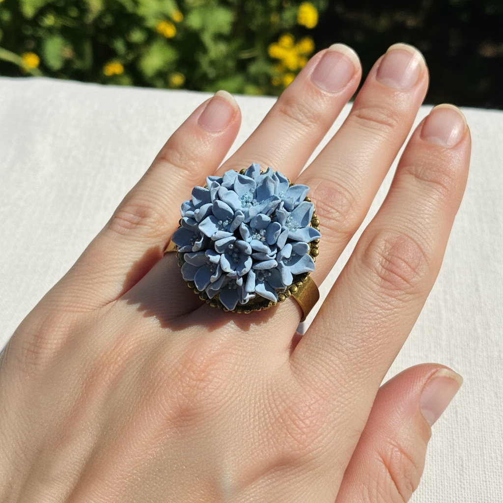 Model wearing handmade polymer clay dusty blue flower ring on antique brass wide flat band, by Crafty Larder NZ