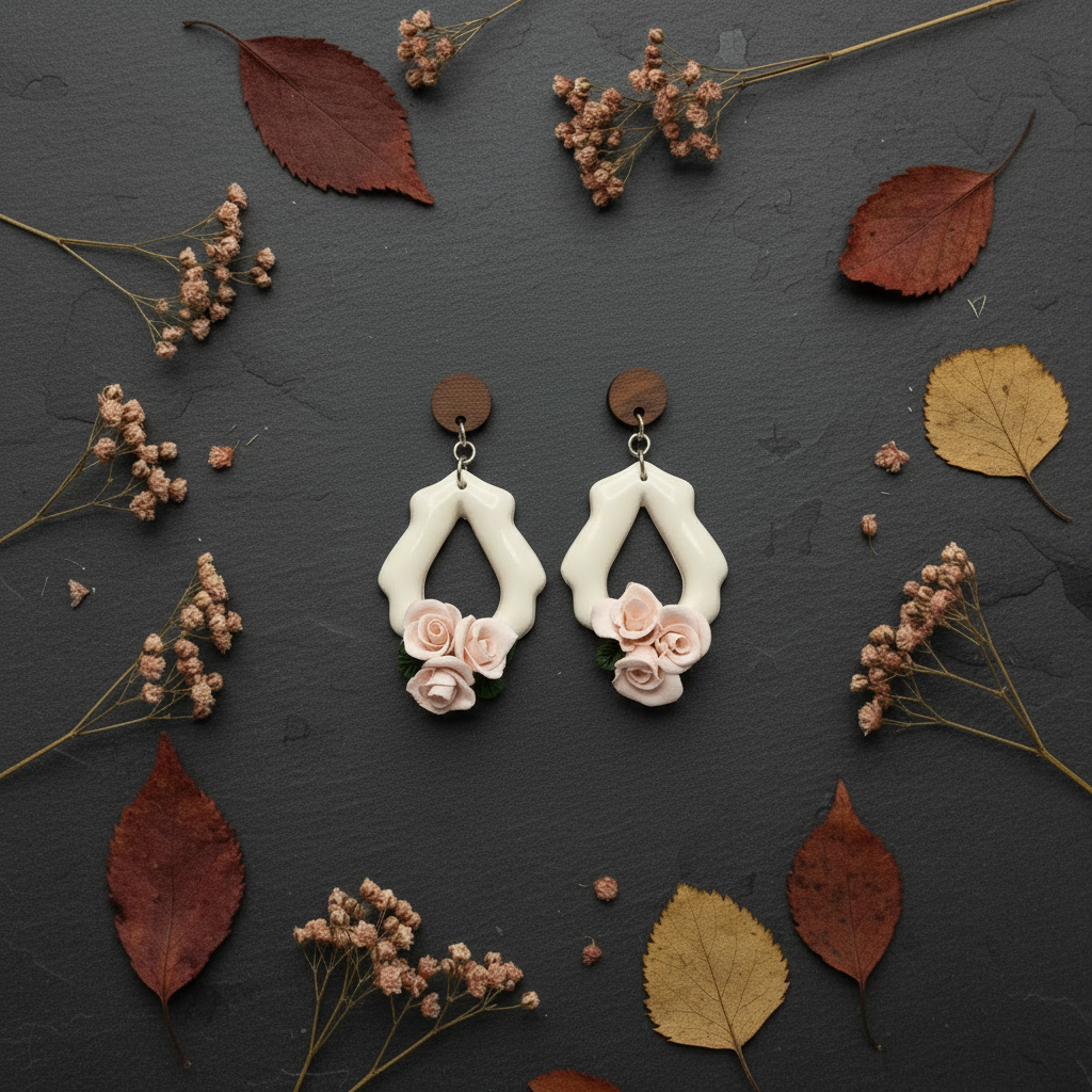 Handcrafted polymer clay white ribbed diamond wave drop earrings with soft blush pink 3D roses and green leaves, displayed on a dark slate surface with deep red and golden autumn leaves and dried blush botanicals — Primrose Rose Wave by Crafty Larder, New Zealand