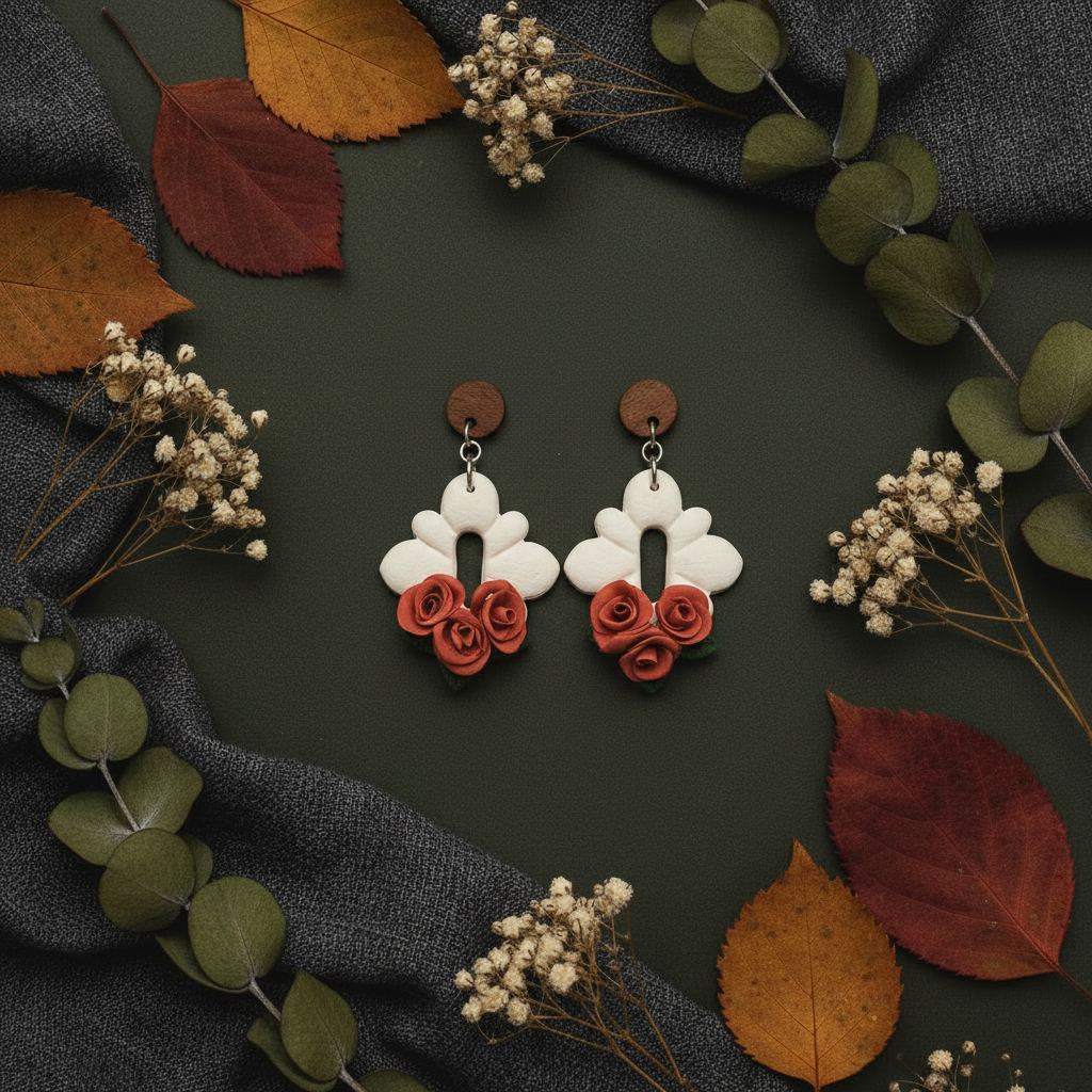 Handcrafted polymer clay white scalloped drop earrings with terracotta rust red 3D roses and green leaves, displayed on a dark olive green surface with autumn leaves, eucalyptus and dried botanicals — Winterberry Floral Drop by Crafty Larder, New Zealand