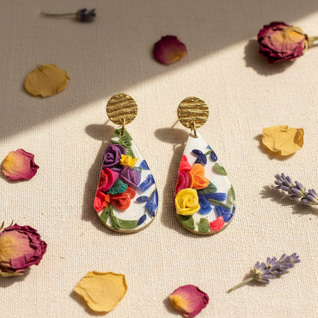 Handmade polymer clay large teardrop drop earrings with 3D sculpted roses and brass stud tops styled flat lay, by Crafty Larder NZ