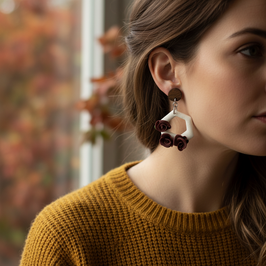 Mauve Wine Rose Hexagon Earrings model shot