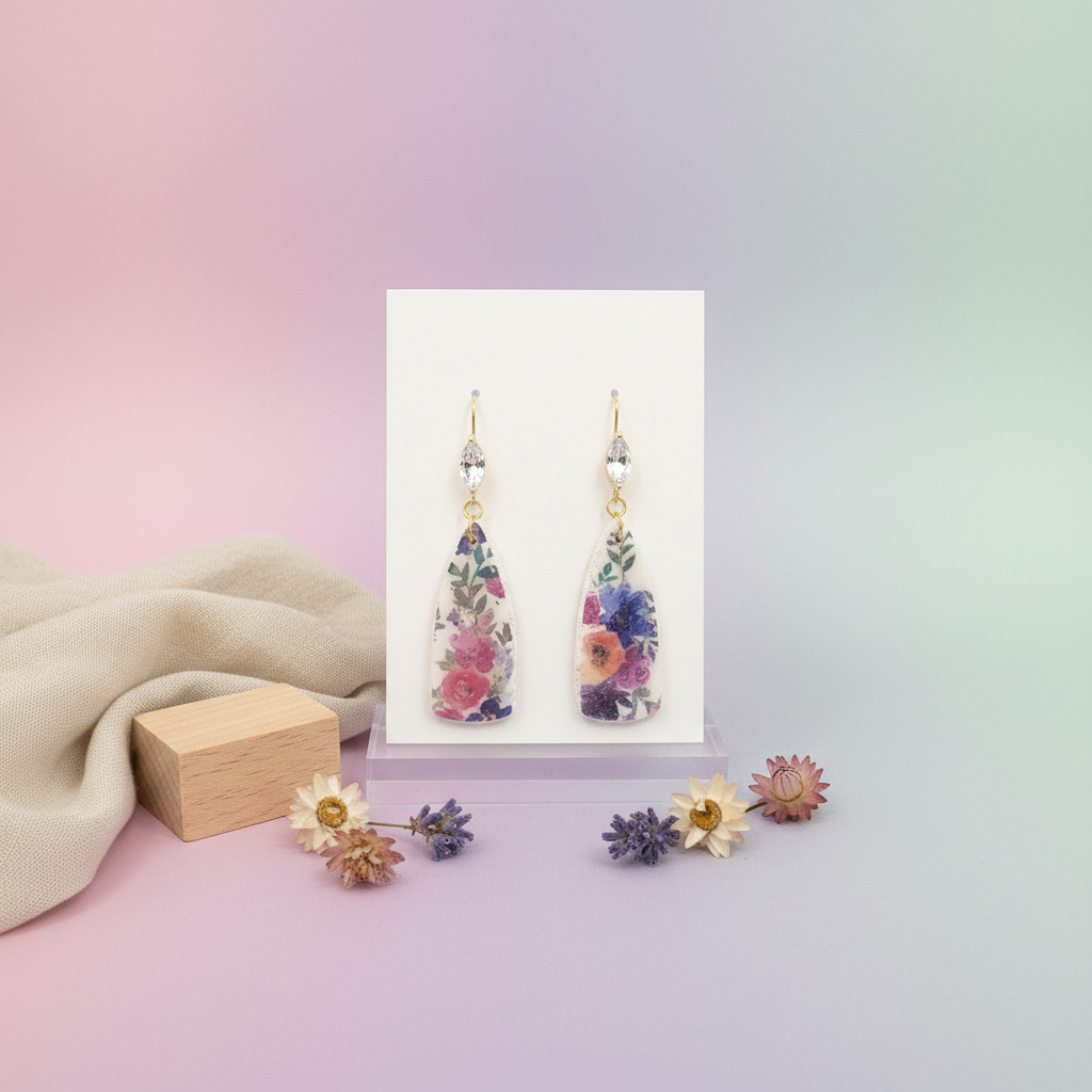 Garden Crystal Paddle Dangles — handmade polymer clay earrings with watercolour floral print and crystal marquise gold hooks, on display card