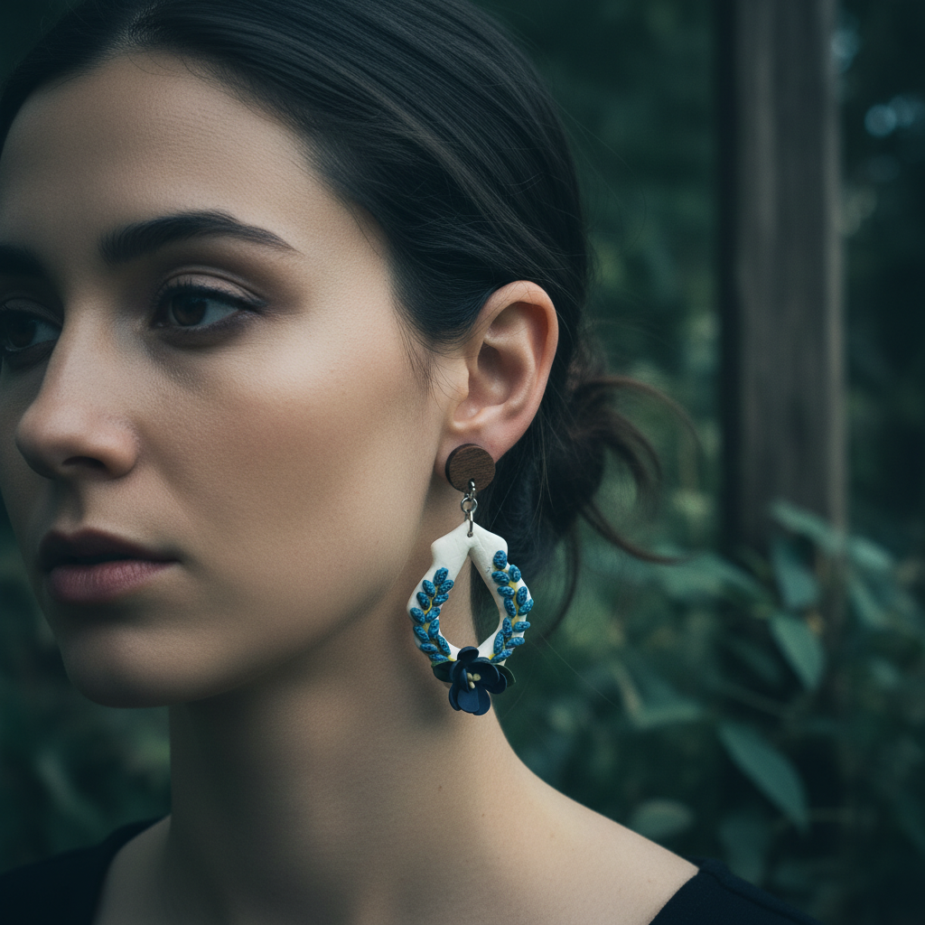 Blue Lupin Wreath Drop Earrings model shot