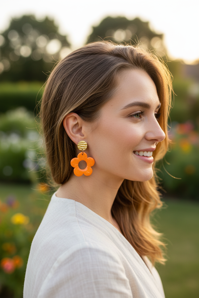 Model wearing orange polymer clay open daisy drop earrings with gold textured brass stud tops, by Crafty Larder NZ
