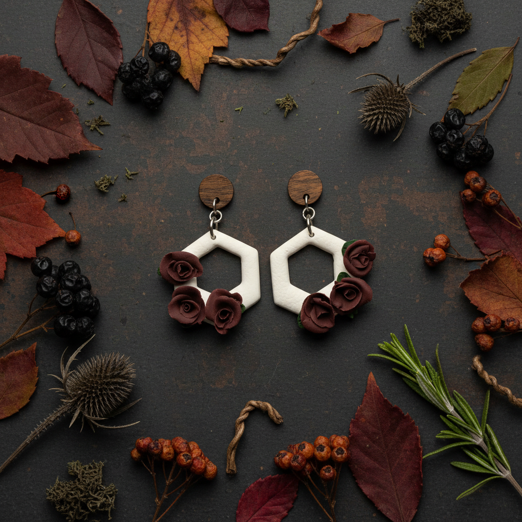 Mauve Wine Rose Hexagon Earrings flat lay with autumn botanicals