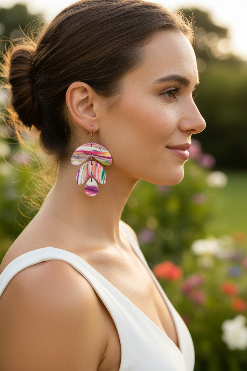 Model wearing handmade multicolour marble swirl polymer clay tiered drop earrings with brass hooks, by Crafty Larder NZ