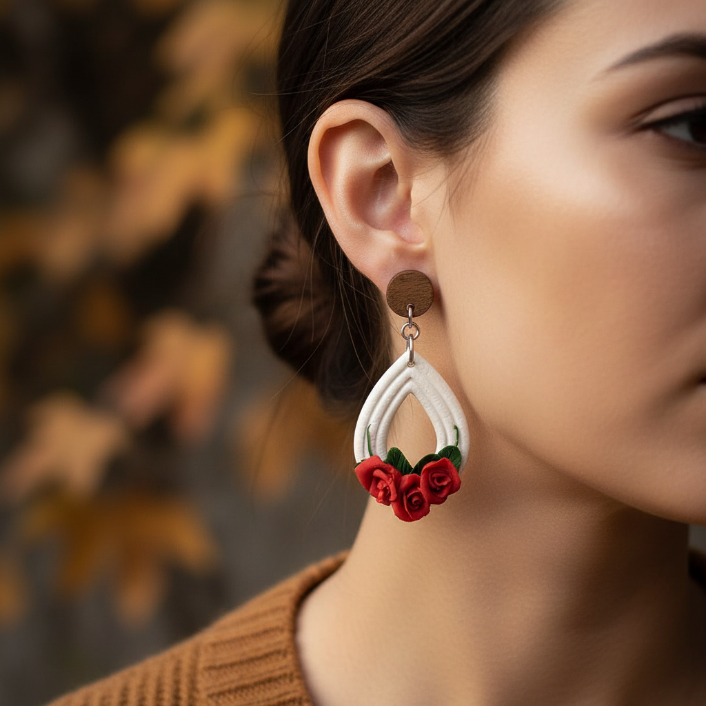 Poppy Red Rose Teardrop Earrings model shot