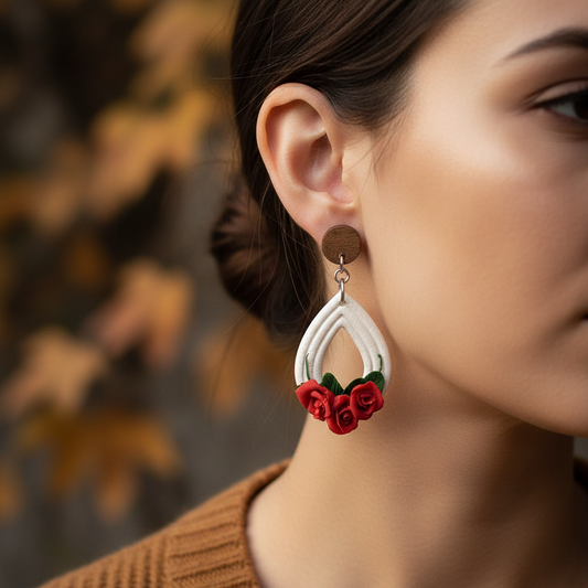 Poppy Red Rose Teardrop Earrings model shot