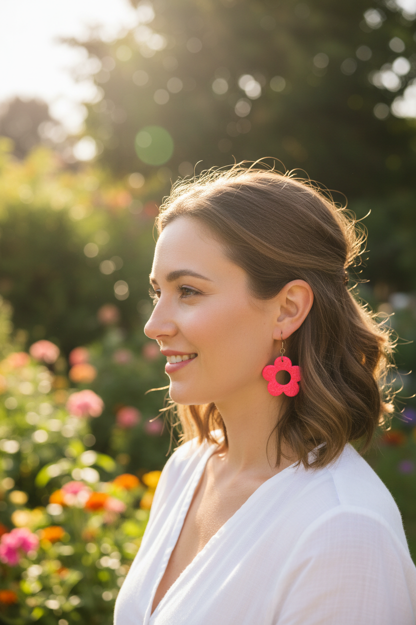 Model wearing fluro pink polymer clay open daisy drop earrings with brass hooks, by Crafty Larder NZ