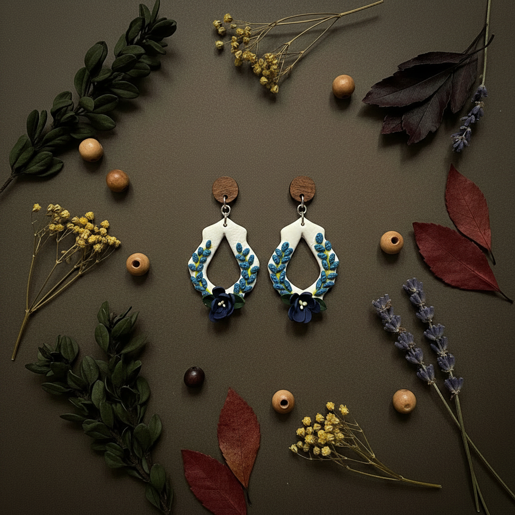 Handcrafted polymer clay white teardrop open hoop earrings with blue and teal leaf sprigs and a deep navy flower, displayed on a dark surface with burgundy autumn leaves, dried lavender, yellow dried flowers and wooden beads — Blue Lupin Wreath Drop by Crafty Larder, New Zealand