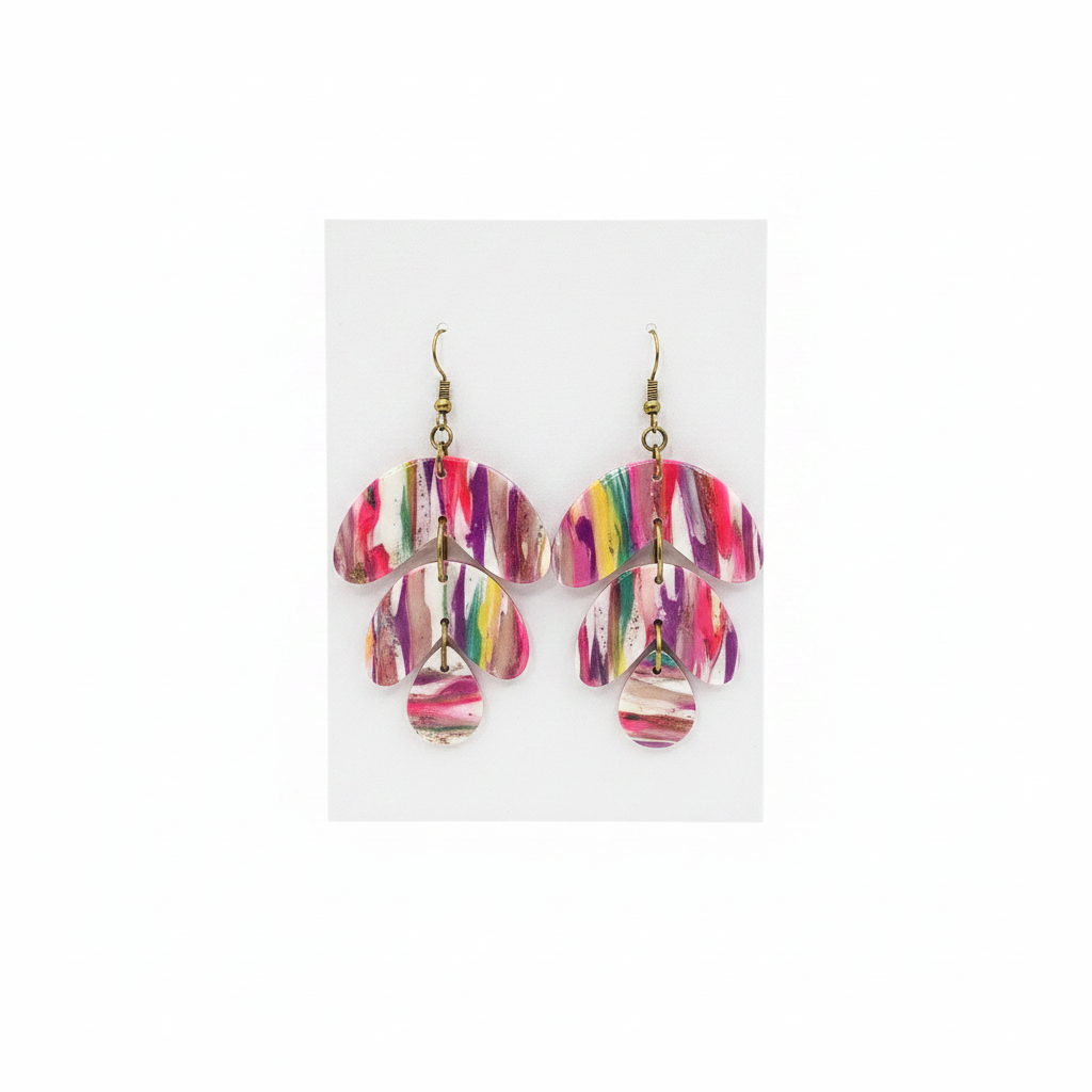 Handmade multicolour marble swirl polymer clay tiered drop earrings on plain white card, by Crafty Larder NZ