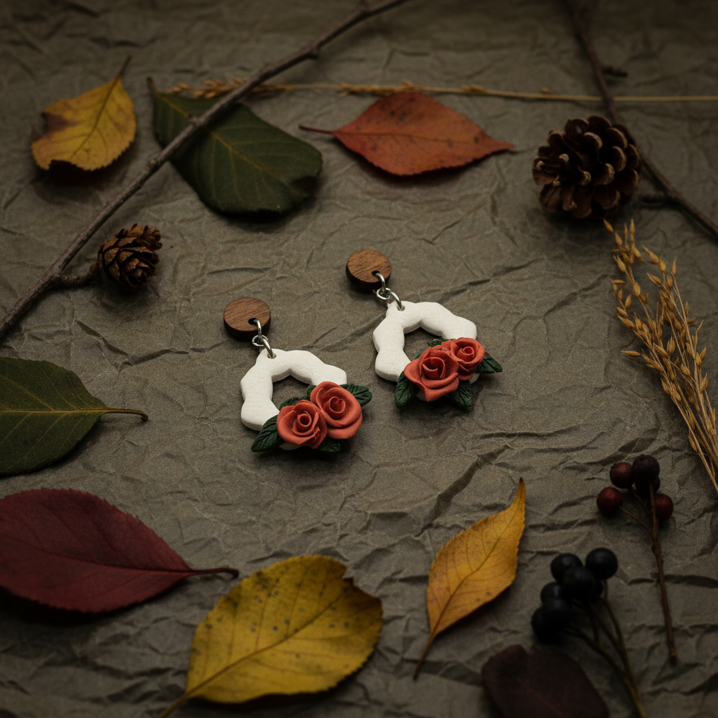 Winterberry Flower Frame Earrings flat lay with autumn botanicals