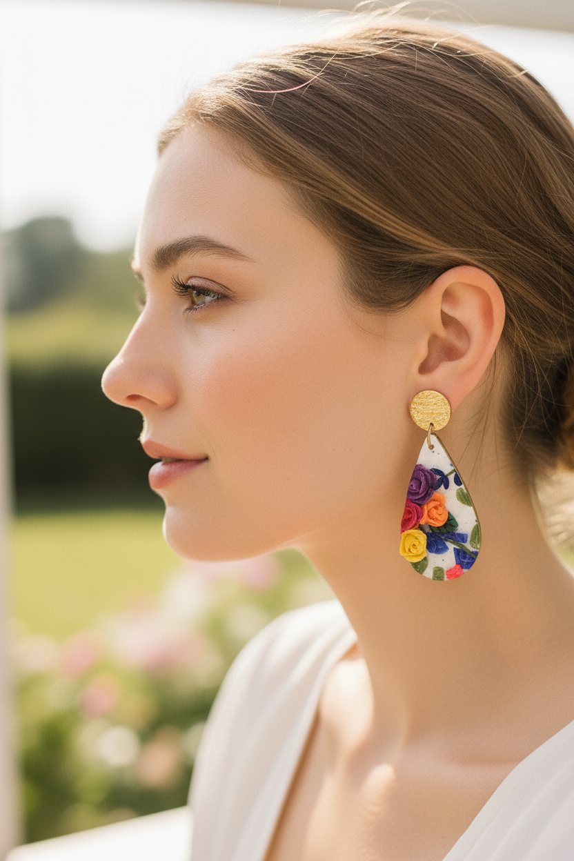 Model wearing handmade polymer clay large teardrop drop earrings with 3D sculpted roses and brass stud tops, by Crafty Larder NZ