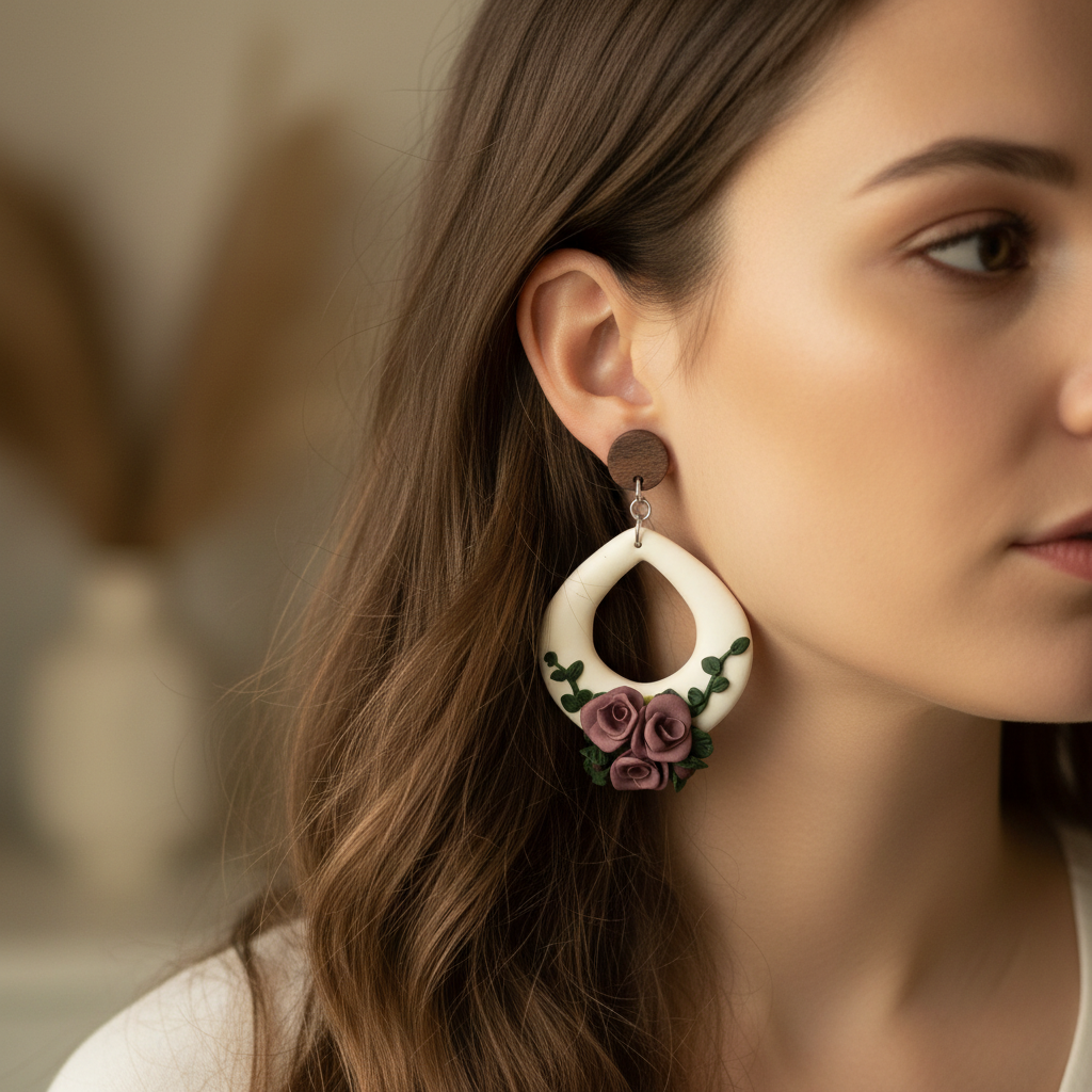 Damson Vine Rose Earrings model shot