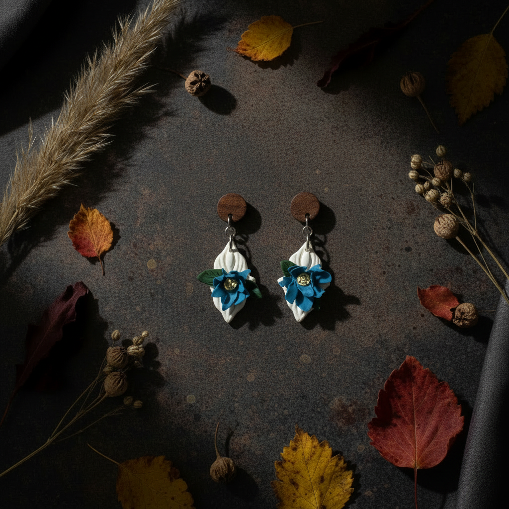 Handcrafted polymer clay white ribbed diamond drop earrings with teal blue layered flowers and gold centres, displayed on a dark moody surface with autumn leaves, pampas grass and dried botanicals — Blue Bloom Diamond by Crafty Larder, New Zealand