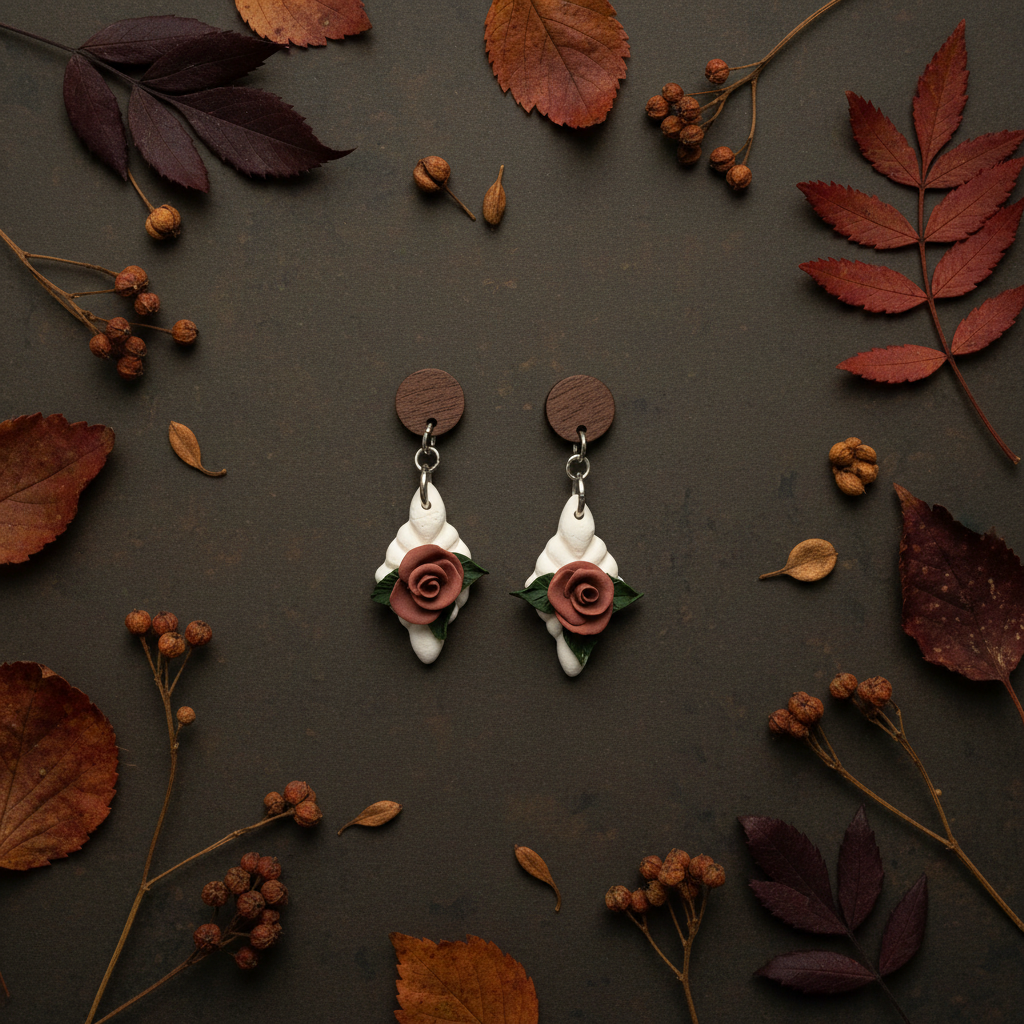 Chili Rose Diamond Earrings flat lay with autumn botanicals