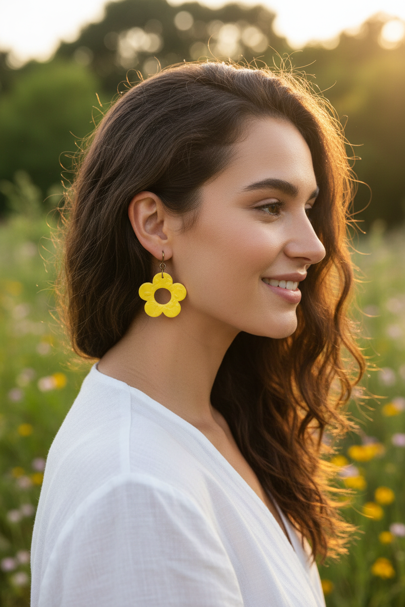 Model wearing bright yellow polymer clay open daisy drop earrings with brass hooks, by Crafty Larder NZ