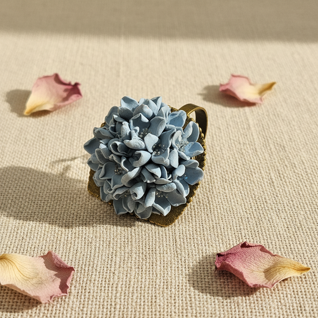 Handmade polymer clay dusty blue flower ring on linen background, by Crafty Larder NZ