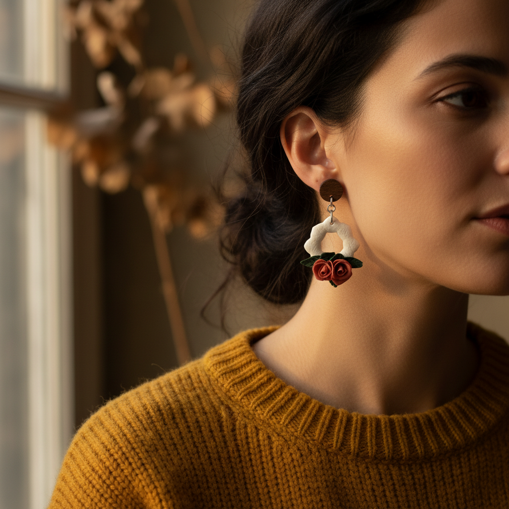 Winterberry Flower Frame Earrings model shot