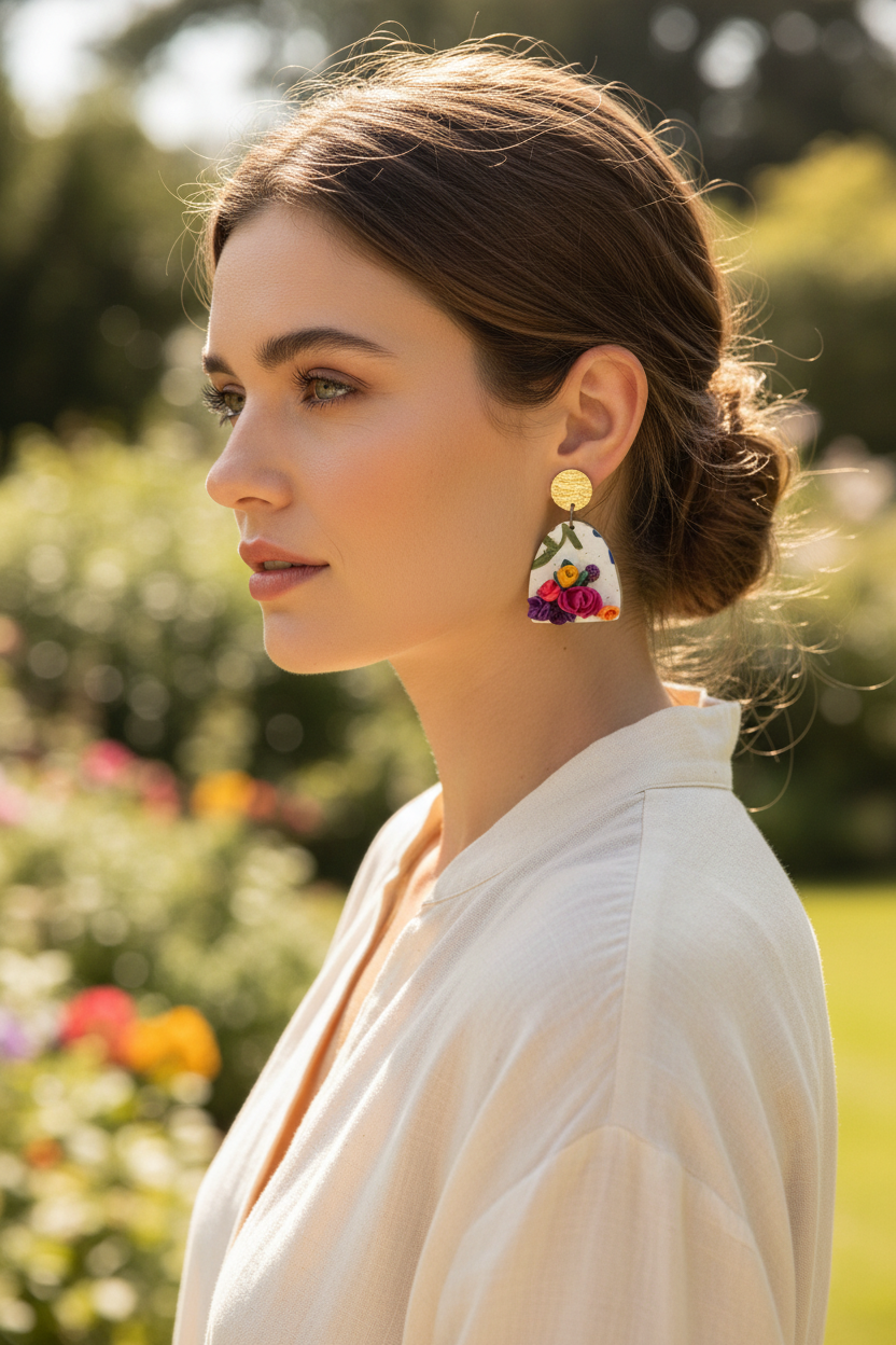 Model wearing handmade polymer clay arch drop earrings with 3D sculpted roses and gold stud tops, by Crafty Larder NZ