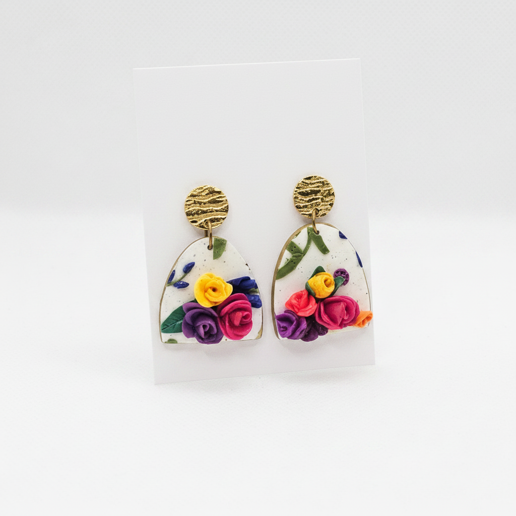 Handmade polymer clay arch drop earrings with 3D sculpted roses and gold stud tops on plain white card, by Crafty Larder NZ