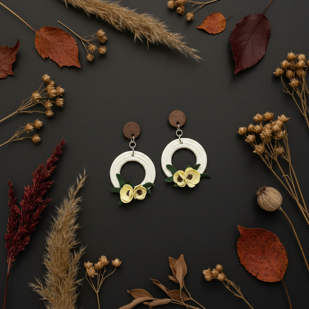 Handcrafted polymer clay white ribbed circle hoop earrings with lemon yellow roses and green leaves, displayed on a dark moody background with dried autumn botanicals — Lemon Rose Circle Dangles by Crafty Larder, New Zealand