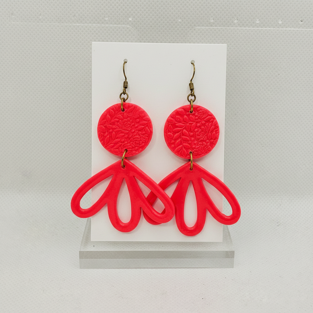 Large handmade fluro pink polymer clay fan petal drop earrings with brass hook findings on plain white card, by Crafty Larder NZ