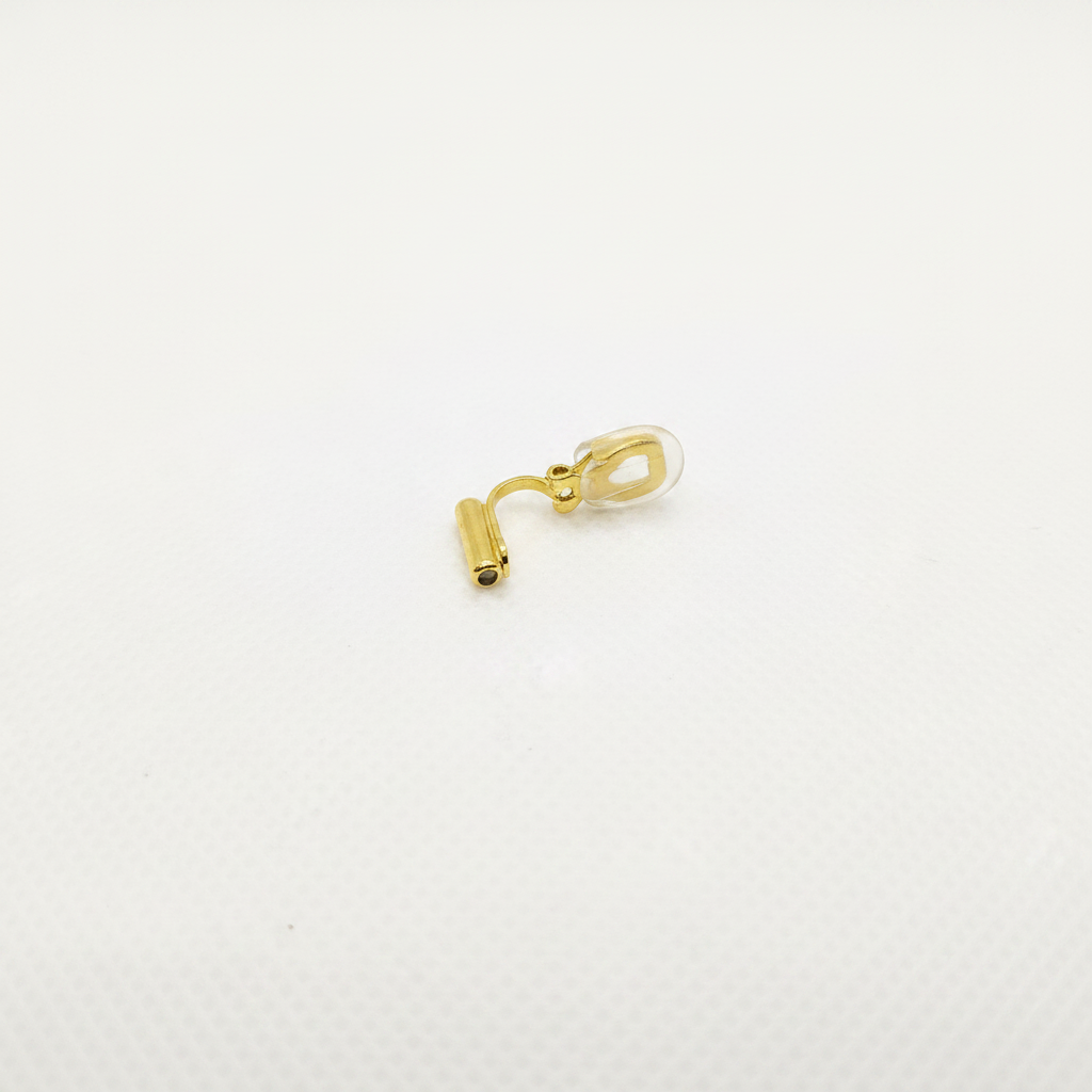 18k gold plated clip-on converter for French hook earrings showing L-shaped gold bar with clear silicone comfort pad — Crafty Larder