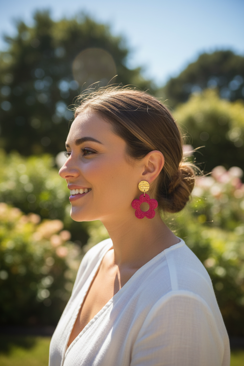 Model wearing raspberry polymer clay open daisy drop earrings with gold textured brass stud tops, by Crafty Larder NZ