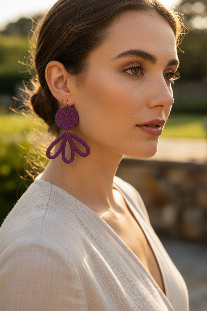 Model wearing large purple polymer clay fan petal drop earrings with brass hook findings, by Crafty Larder NZ