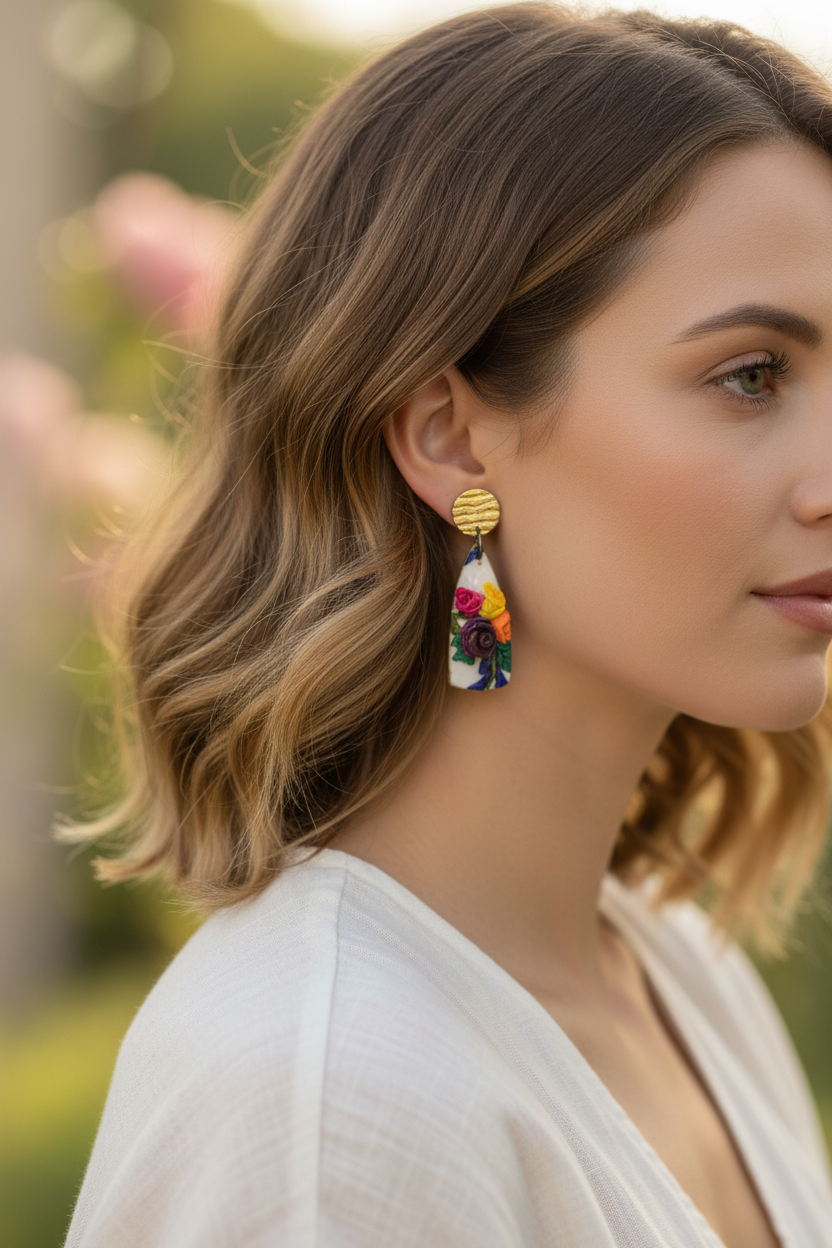 Model wearing handmade polymer clay paddle drop earrings with 3D sculpted roses and gold stud tops, by Crafty Larder NZ