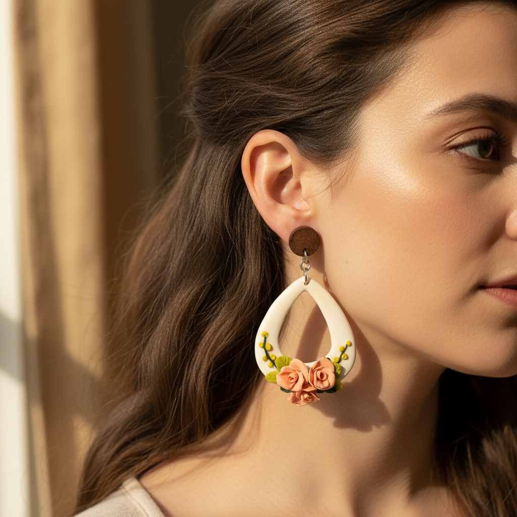 Brandied Wattle Rose Earrings model shot