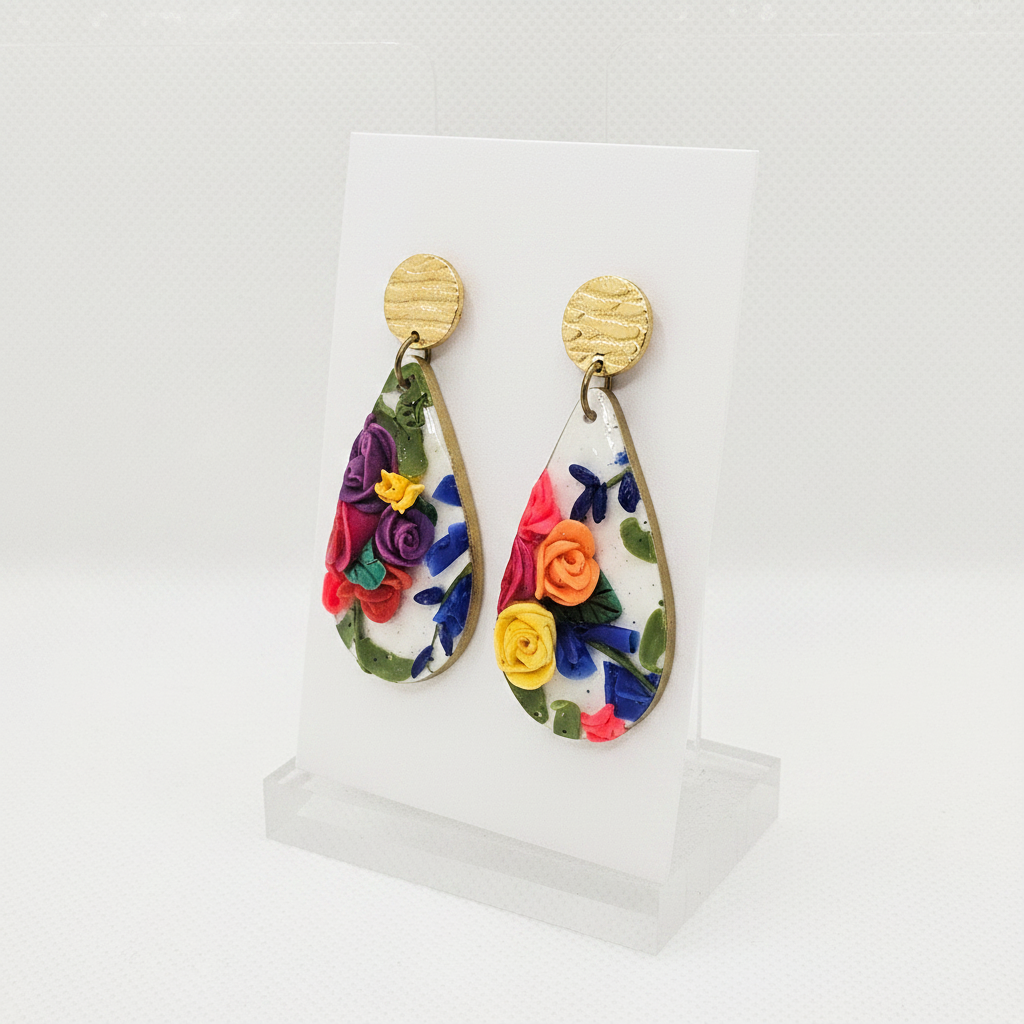 Handmade polymer clay large teardrop drop earrings with 3D sculpted roses and brass stud tops on plain white card, by Crafty Larder NZ