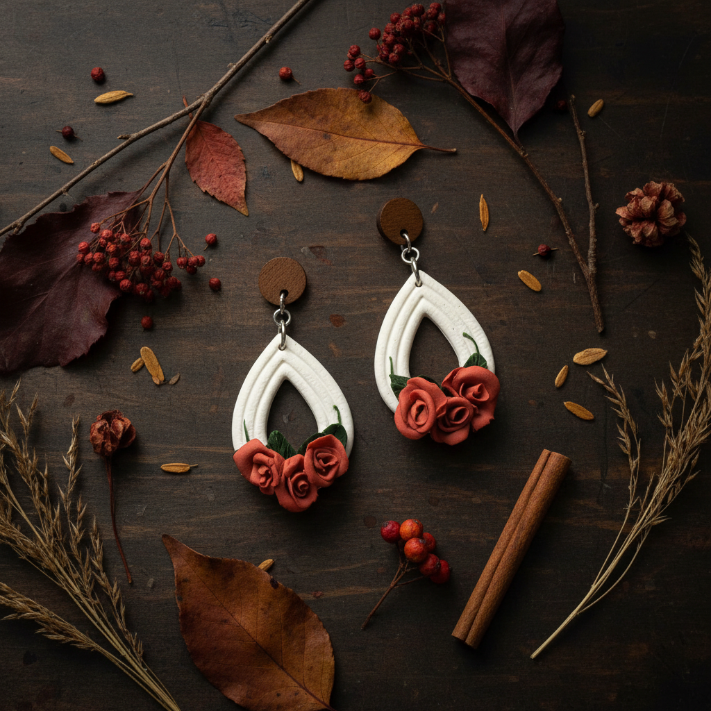 Poppy Red Rose Teardrop Earrings flat lay with autumn botanicals