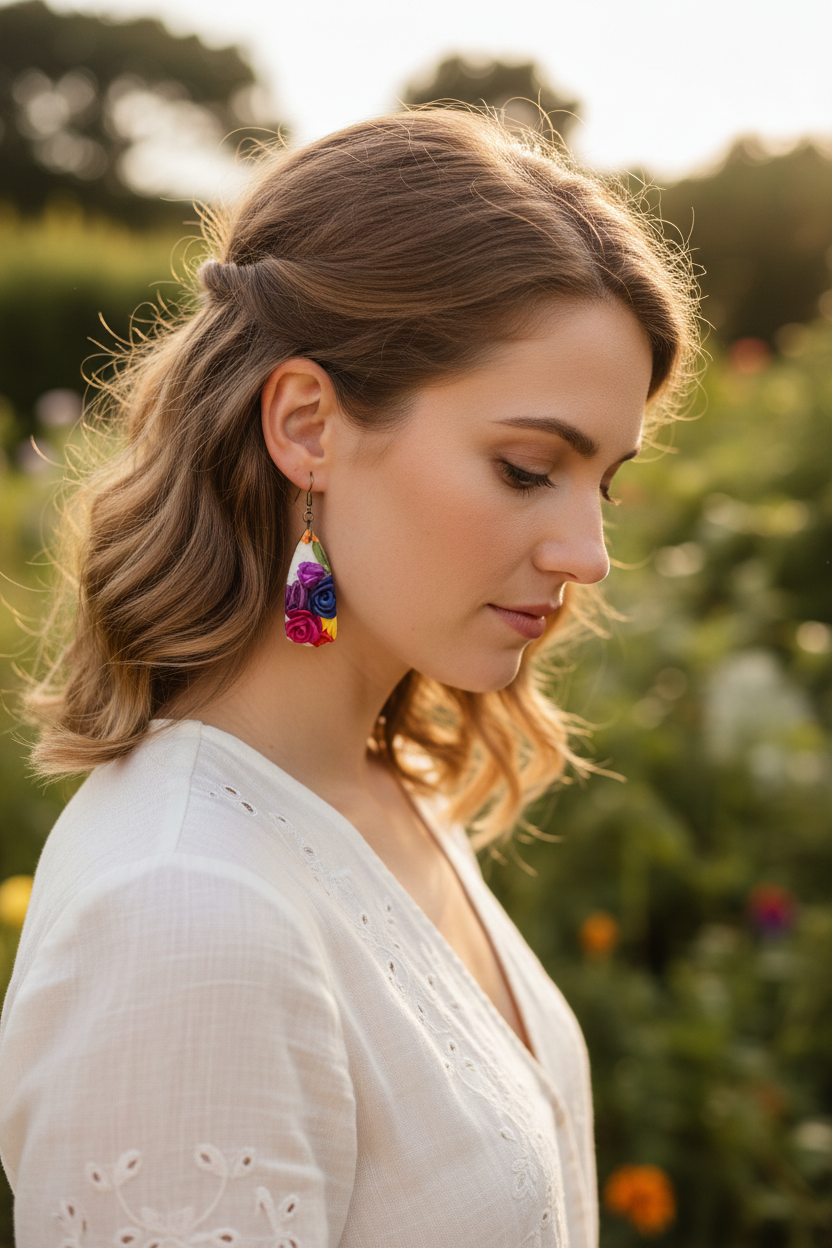 Model wearing handmade polymer clay teardrop drop earrings with 3D sculpted roses and brass hooks, by Crafty Larder NZ