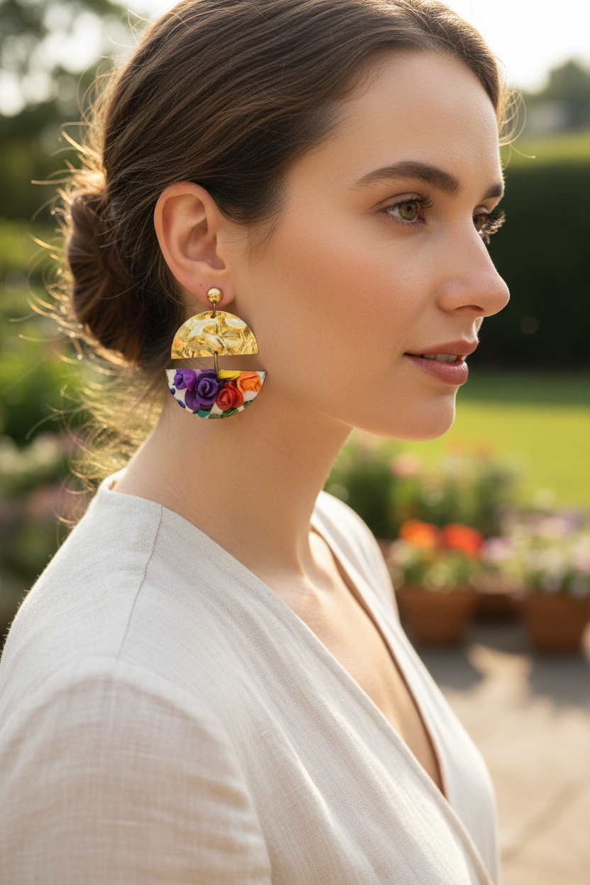Model wearing handmade hammered brass and polymer clay rose garden moon drop earrings, by Crafty Larder NZ