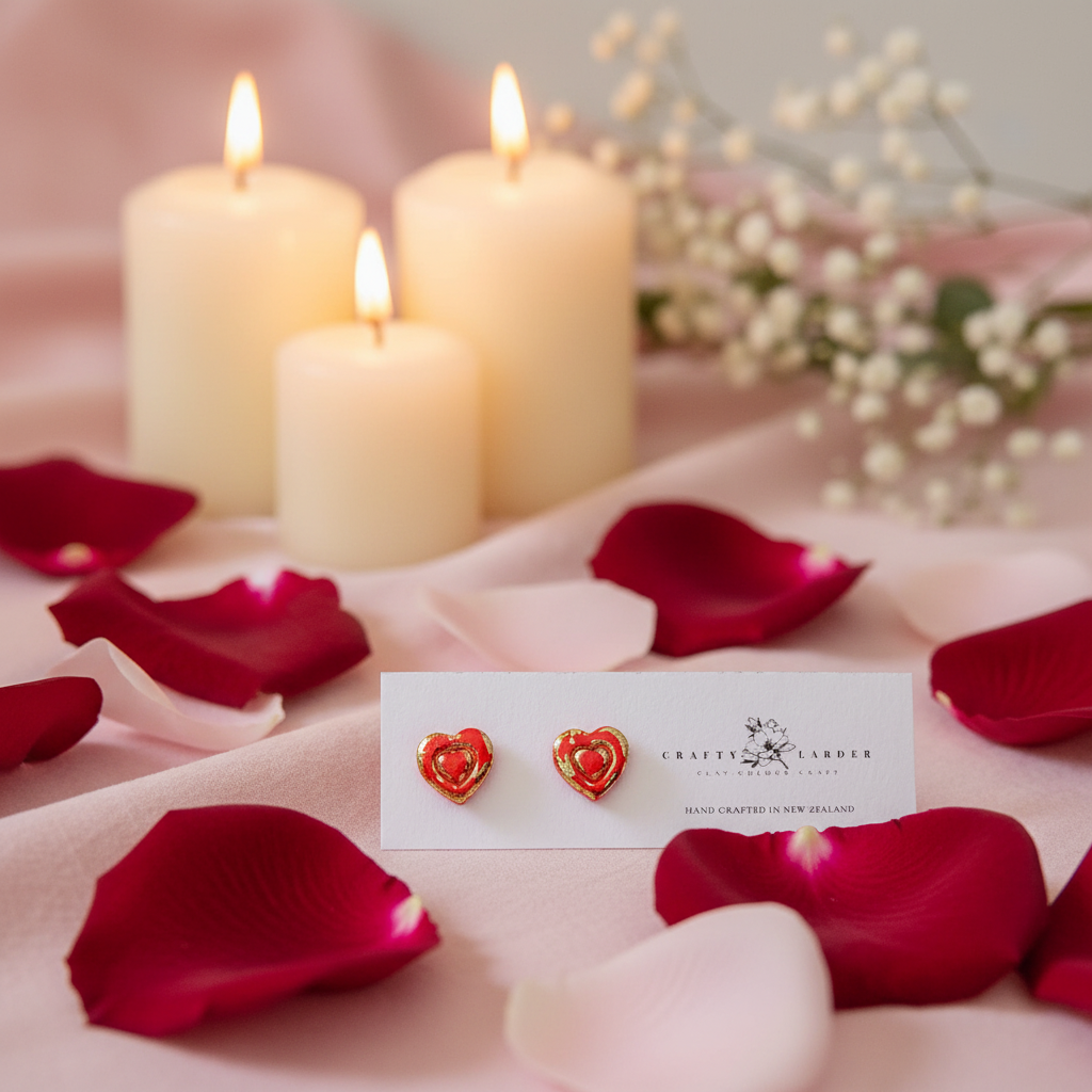 "Red layered heart stud earrings with rose petals and romantic Valentine's Day styling"