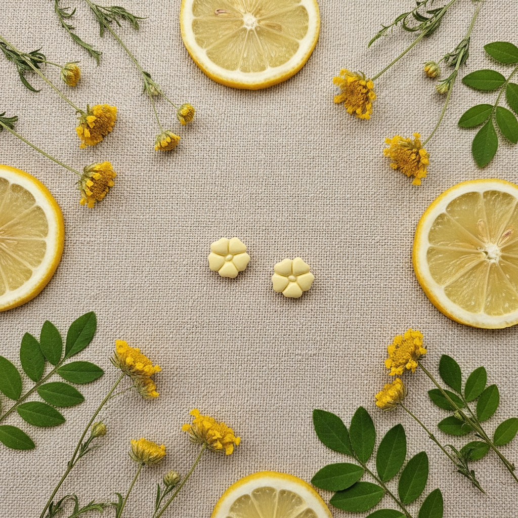 Blossom Studs in Lemon Grass flat lay with dried yellow wildflowers and green leaves on warm linen, handmade polymer clay earrings from Crafty Larder's Harvest & Dusk Collection