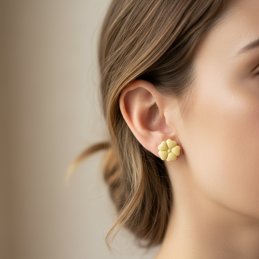 Woman wearing Blossom Studs in Lemon Grass, soft buttery lemon yellow polymer clay 5-petal flower studs, handcrafted in New Zealand by Crafty Larder