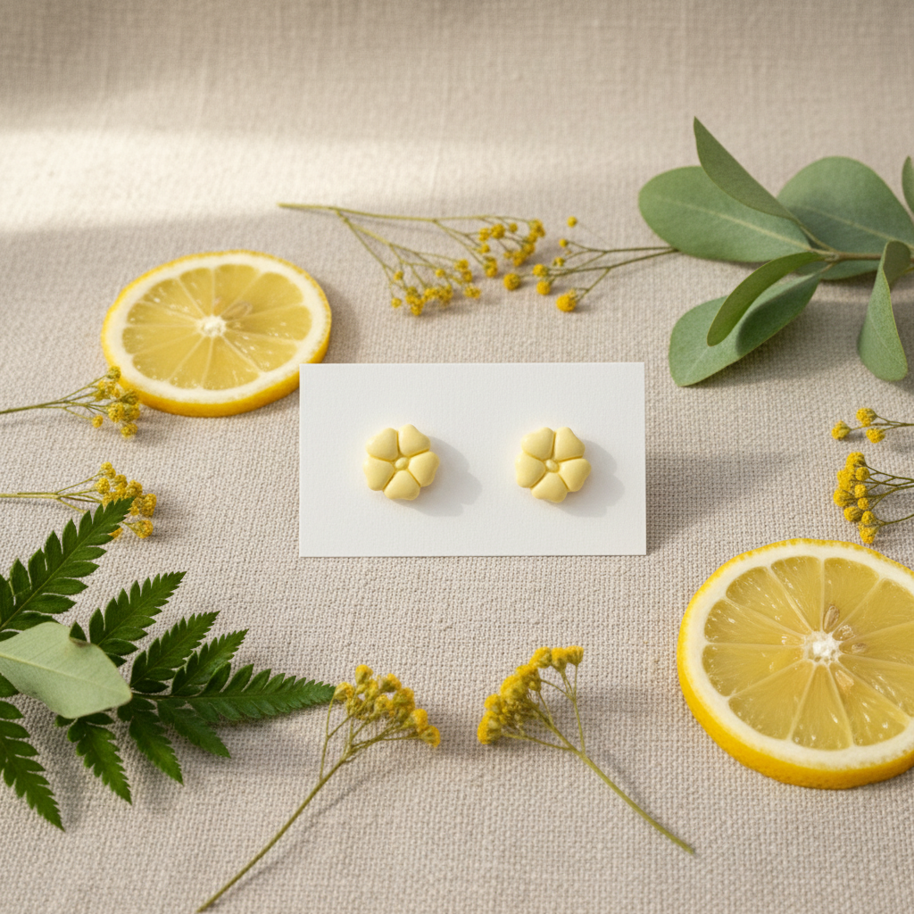 Blossom Studs in Lemon Grass — handmade polymer clay 5-petal flower stud earrings, displayed on white card with fresh yellow botanical styling, handcrafted in New Zealand by Crafty Larder
